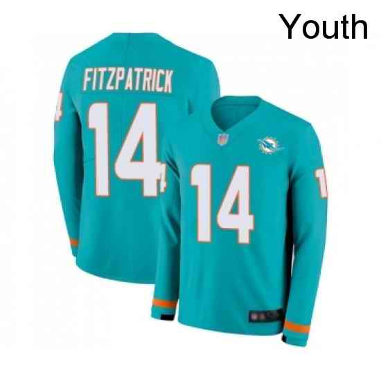 Youth Miami Dolphins 14 Ryan Fitzpatrick Limited Aqua Therma Long Sleeve Football Jersey